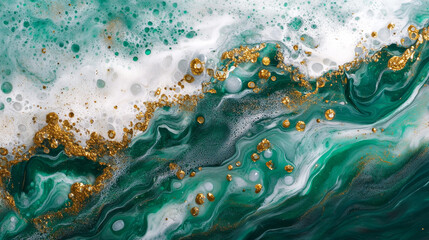 **Beautiful contemporary art created using resin art technique. Rich green and turquoise lines blend into white and gold streams, with gold stone flecks mimicking bubbles in seawater.**