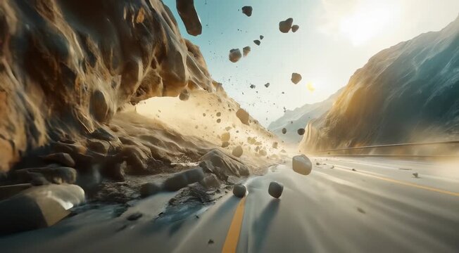 Dynamic scene of a dramatic rockslide impacting a deserted road with large boulders falling from a cliffside into the roadway.