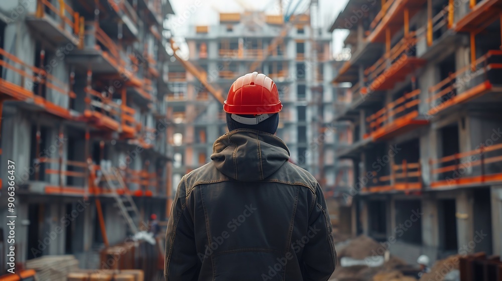 Poster Man checking work process on construction site working : Generative AI