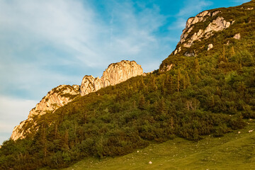 Alpine summer evening view at Mount Kampenwand, Aschau, Chiemgau, Rosenheim, Bavaria, Germany