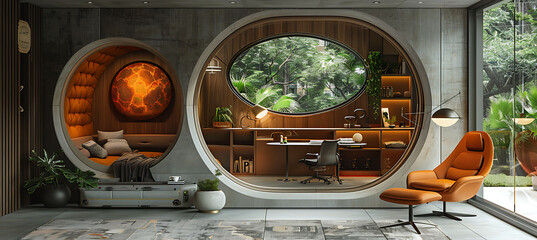 Interior inspired a Mood Board reflecting a cohesive theme with curated colors textures and futuristic furniture in a designer's workspace