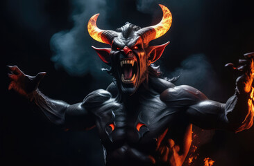 ugly monstrous horned demon or devil roaring in blaze, horror and fantasy movie scene
