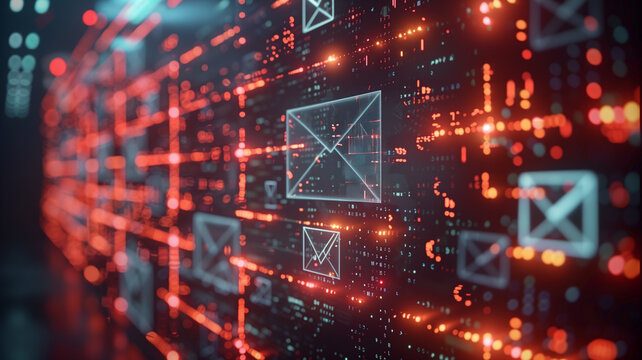 A series of emails sent and tracked on a digital dashboard, email marketing concept.