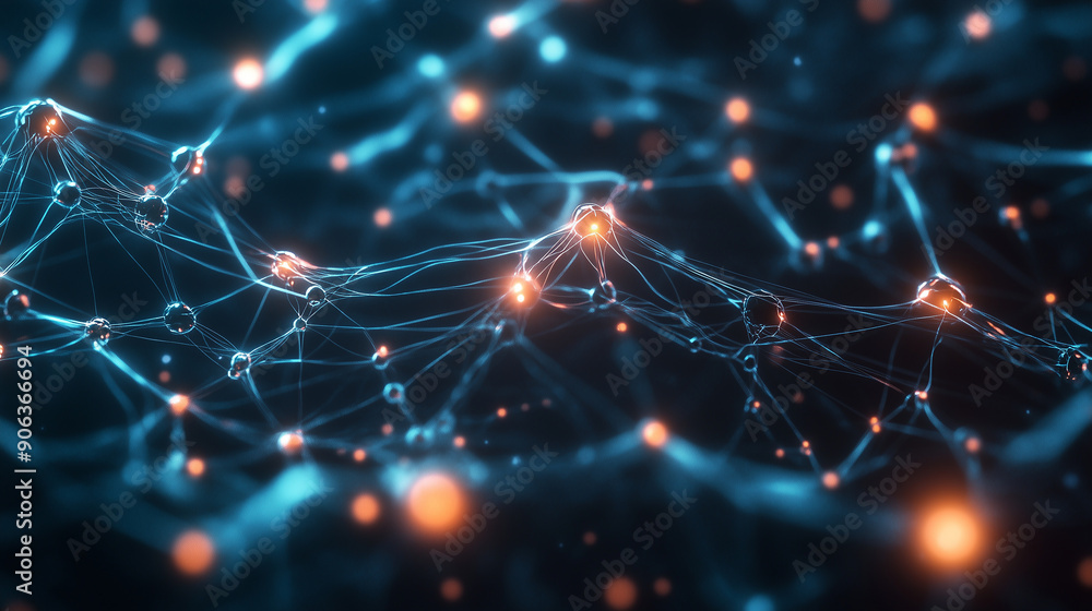 Poster a blue and red image of a cell with many lines and dots. the image is blurry and has a sense of chao