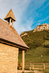 Chapel on a sunny summer evening at Mount Kampenwand, Aschau, Chiemgau, Rosenheim, Bavaria, Germany