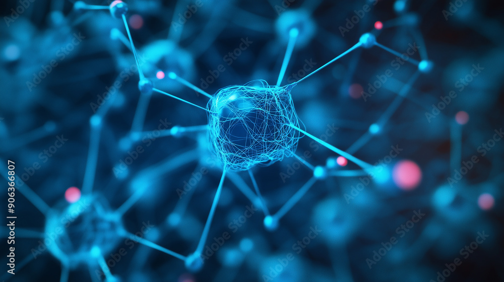 Poster a blue and red image of a cell with many lines and dots. the image is blurry and has a sense of chao