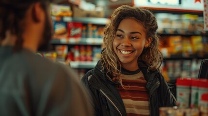 A happy convenience store cashier assisting a customer with a query about a product, highlighting helpfulness and professionalism