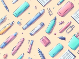 Whimsical Pastel Cartoon Pattern Featuring Office Supplies on Soft Background