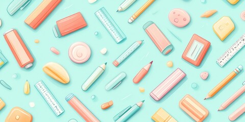 Playful Pastel Stationery Cartoon Pattern - Seamless Design of Pencils, Erasers, and Rulers for Creativity and School Themes