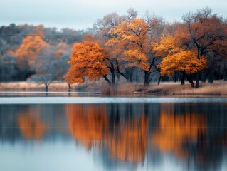 Obraz premium Autumn Trees Reflected in Calm Lake Water at Dusk