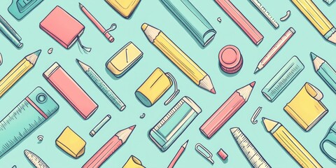 Whimsical Pastel Stationery Pattern - Cute Cartoon Design with Pencils, Erasers, and Rulers in Repetition