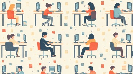 Playful Pastel Cartoon Office Workers Seamless Pattern - Fun Workplace Background with Computer Typing Staff in Soft Colors Illustration