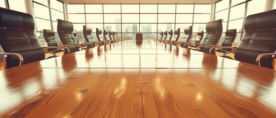 Obraz premium A modern conference room with a long wooden table surrounded by leather chairs and large windows providing ample natural light.