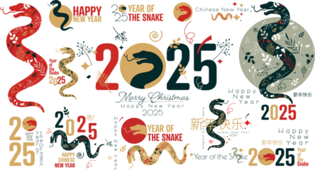 Happy Chinese New Year beautiful modern logo set. 2025 Year of the Snake.