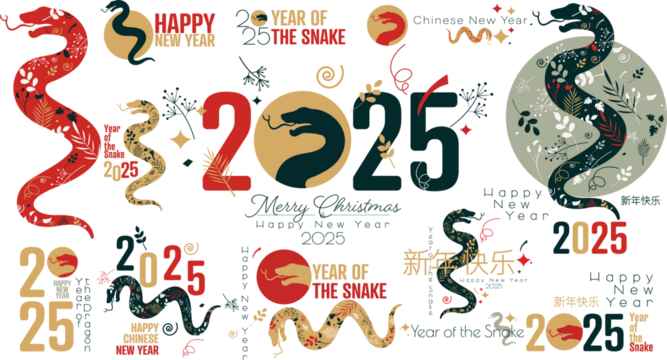 Happy Chinese New Year beautiful modern logo set. 2025 Year of the Snake.