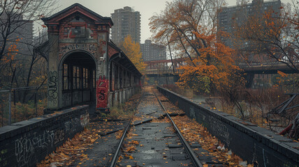 Obraz premium Surreal abandoned New York City, featuring empty streets and silent skyscrapers, with a haunting atmosphere and an eerie stillness, highlighting the stark contrast