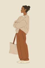 Minimalism illustration, a European woman, wearing a boho sweater with a pair of relaxed-fit trousers and a large tote bag, standing with her arms crossed, boho woman fashion, flat illustration 