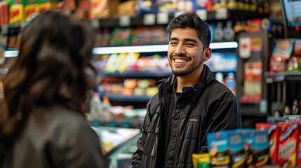 Obraz premium A cheerful store clerk helping a customer find a product behind the counter, demonstrating excellent service