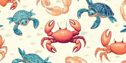 Whimsical Cartoon Pattern of Playful Pastel Crabs, Lobsters, and Sea Turtles in a Repetitive Design