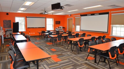 Modern classroom setup with bright orange walls, multiple desks, chairs, and three projection screens, ready for a presentation or lecture.