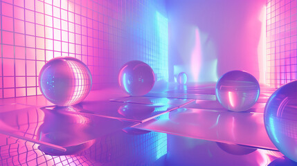 Y2K aesthetics abstract background with glass 3d spheres in a glossy studio interior. Atmospheric...