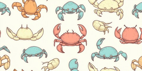 Underwater Wonderland Cartoon Pattern with Playful Pastel Crabs, Lobsters, and Sea Turtles in Repetitive Design