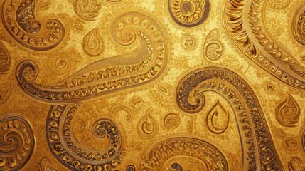 A gold background with paisley patterns. The intricate, exotic design in gold adds a touch of opulence.