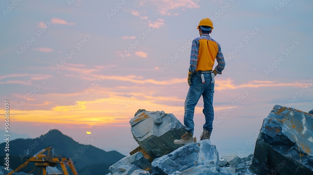 Leinwandbilder Man construction engineer wears helmet ensure safety when working in construction zone standing on pile rocks looking checking for completeness in case there is error so that it can be : Generative AI