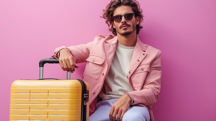 Sophisticated young man with suitcase sitting against soft lavender background