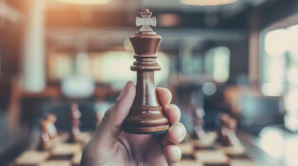 A victorious hand raising the chess king after a winning move, set against a blurred office background, symbolizing business success, leadership, and triumph in competitive environments