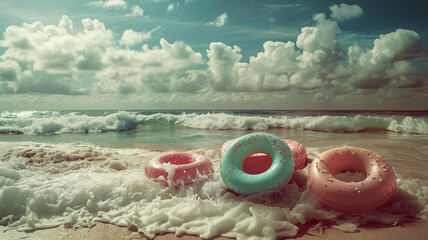 Old style photo of a serene sea beach with colorful inflatable donuts scattered along the shore, capturing a nostalgic, vintage vibe, evoking memories of carefree summer days by the water.