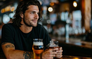 Close-Up of a Tattooed Man Enjoying Beer in a Cozy Bar Setting