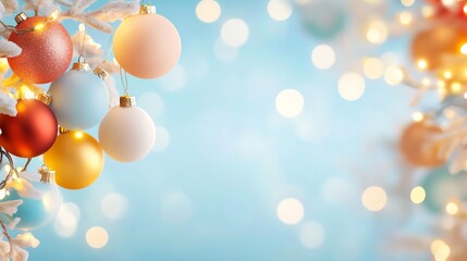 Colorful Christmas ornaments hang against a soft blue backdrop, creating a festive and cheerful holiday atmosphere.