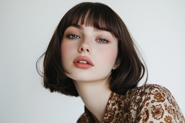 cute French bob hairstyle, on a brunette woman with bangs, wearing natural makeup and a brown patterned top, looking at the camera against a white background