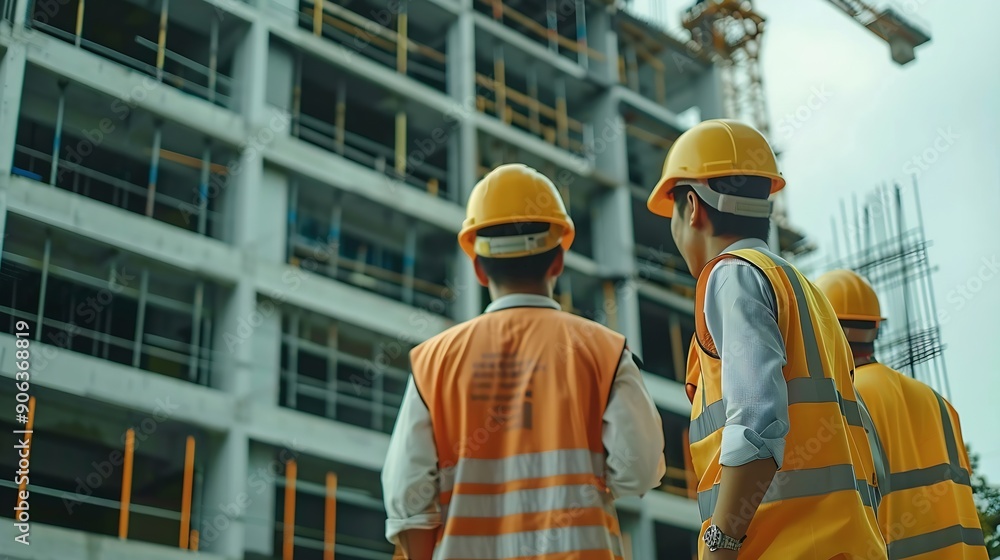 Poster a team of construction engineers talks to managers and construction workers at the construction site