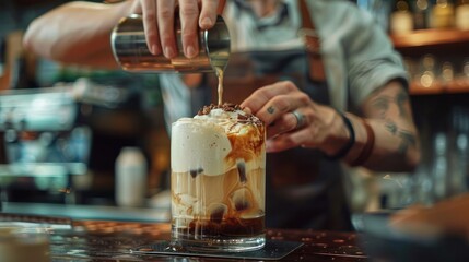 Obraz premium A barista crafting a signature coffee drink with unique ingredients, highlighting creativity.