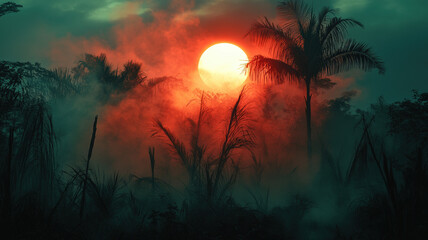 Fototapeta premium Smoke drifts under a large, dim sun casting a muted glow over vivid green palm trees, creating a dramatic, atmospheric scene with a striking contrast between the lush foliage and hazy sky.