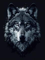 Monochrome image of a wolf with dual-colored piercing eyes