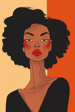 This illustration shows a woman with voluminous curly hair, styled against a background split into two contrasting colors, using a minimalist approach in its creativity and design.