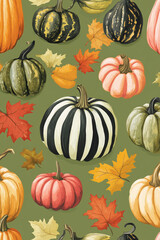 pattern of pumpkins and gourds and autumn leaves in various sizes on a solid green background, creating an elegant autumn-themed wallpaper, fall. thanksgiving,halloween