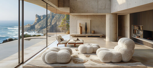 Interior showcasing serene Ambiance with calming blue tones minimalistic decor and a peaceful reading nook