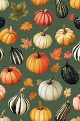 pattern of pumpkins and gourds and autumn leaves in various sizes on a solid green background, creating an elegant autumn-themed wallpaper, fall. thanksgiving,halloween
