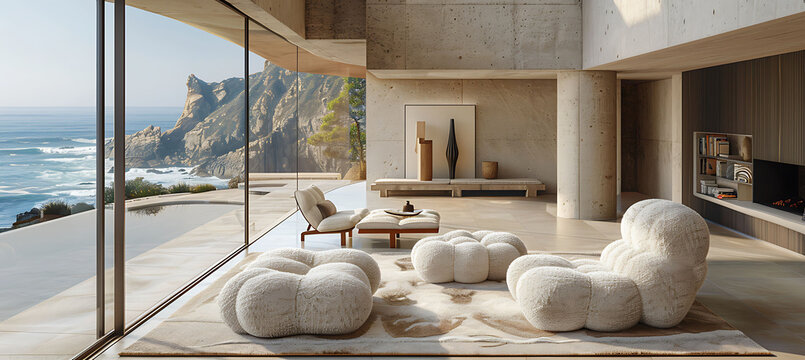 Interior showcasing serene Ambiance with calming blue tones minimalistic decor and a peaceful reading nook