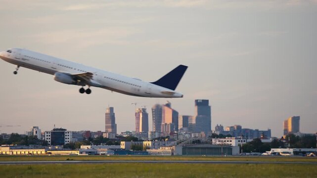 White airplane taking off overlooking modern city downtown with high-rise glass skyscrapers and buildings on horizon in evening. Aircraft gains altitude above Chopin airport runway in Poland