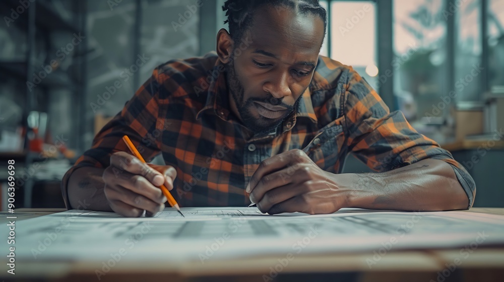 Poster Black man office and drawing on blueprint with pencil for planning a building design layout and project as architect Table construction and engineering person with idea for property re : Generative AI