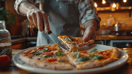 Crop anonymous person cutting pizza into slices served in plate with knife on wooden table while spending leisure time in restaurant : Generative AI