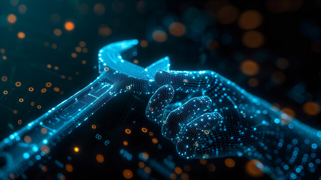 Blue digital hand and wrench with glowing binary code