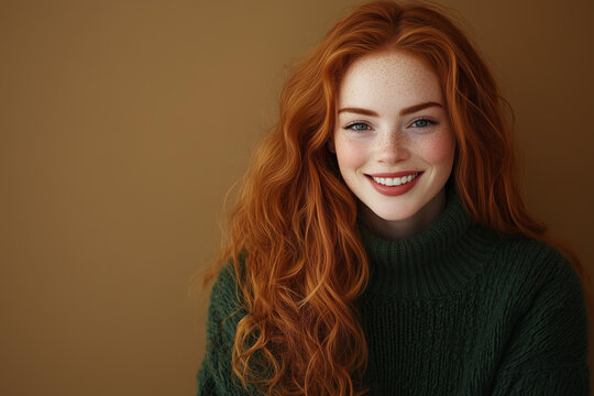 beautiful young redhead wavy red woman smiling candid , wearing dark green knitted sweater isolated on smooth solid brown background with copy space