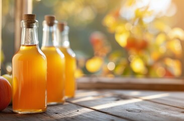 Bottles of Golden Apple Cider Near Fresh Apples on a Sunny Autumn Afternoon