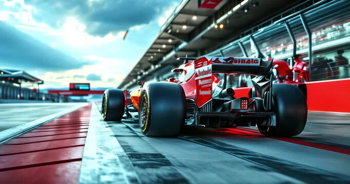 Formula 1 Pit Stop: Ready to Race. Red Formula 1 Race Car Waits in the Pit Lane, Ready to Join the Competition. Speed, Technology, Motorsport Concept.